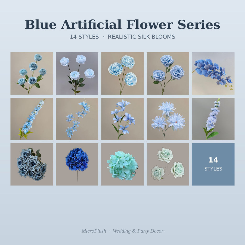 Blue Artificial Flowers – 14 Styles, Realistic Silk Flower Stems for Wedding & Party Decor