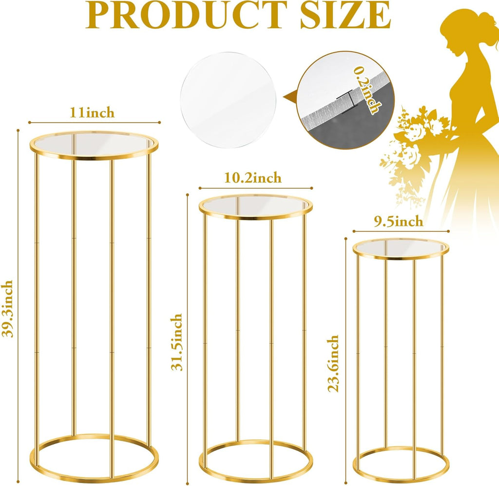 3-Piece Gold Metal Cylinder Pedestal Stand Set — Wedding Cake & Floral Display Columns for Parties & Events