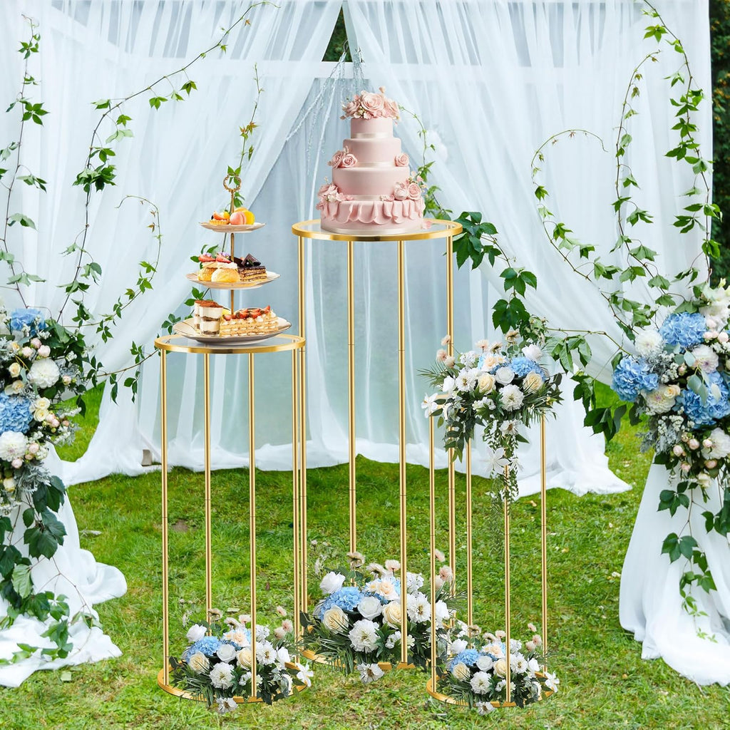 3-Piece Gold Metal Cylinder Pedestal Stand Set — Wedding Cake & Floral Display Columns for Parties & Events