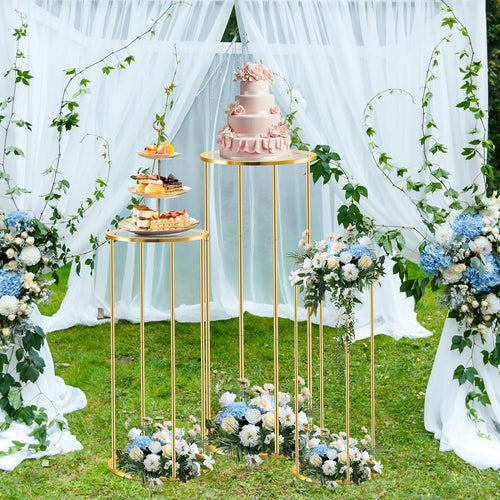 3-Piece Gold Metal Cylinder Pedestal Stand Set — Wedding Cake & Floral Display Columns for Parties & Events