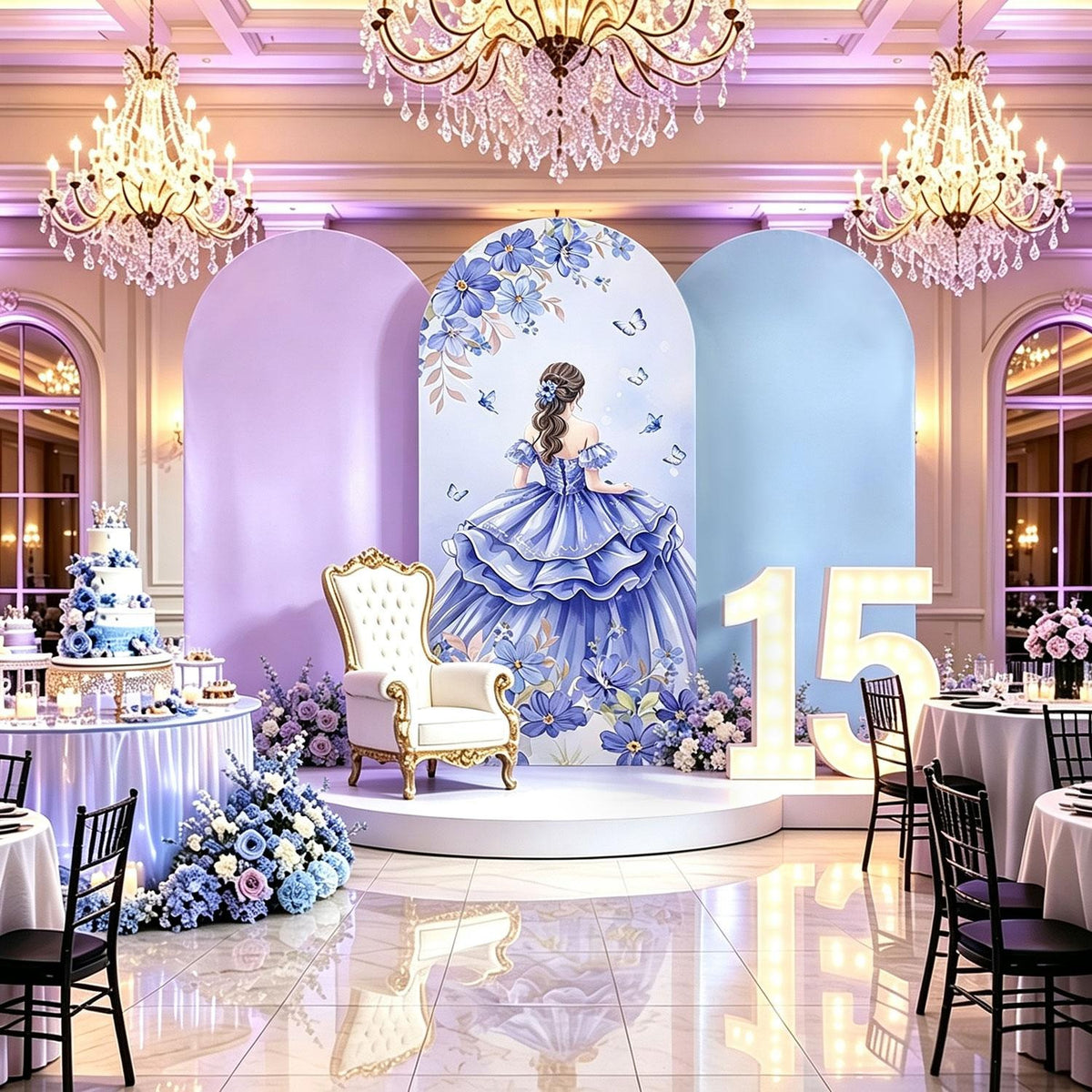 6.6FT Quinceañera Princess Arch Backdrop Cover – Lavender Purple / Navy Blue / Pink, Sweet 15 & 16 Party Decor