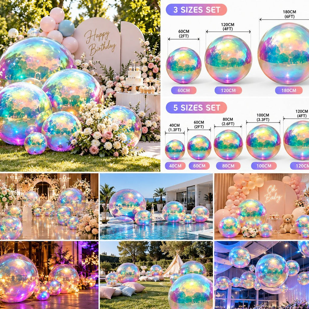Giant Iridescent Inflatable Bubble Balls – 3-Piece / 5-Piece Rainbow Mirror Sphere Set for Wedding, Birthday & Party Decor