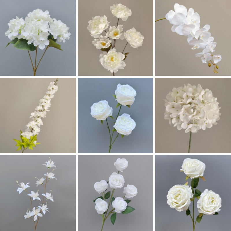 White Faux Flowers Bulk Set – Artificial Hydrangea Rose Lily Peony Orchid – Wedding Event Floral Supplies