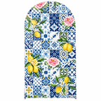 Mediterranean lemon arch backdrop cover - blue tile print with lemons and peonies