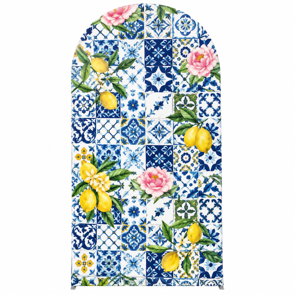 Mediterranean lemon arch backdrop cover - blue tile print with lemons and peonies
