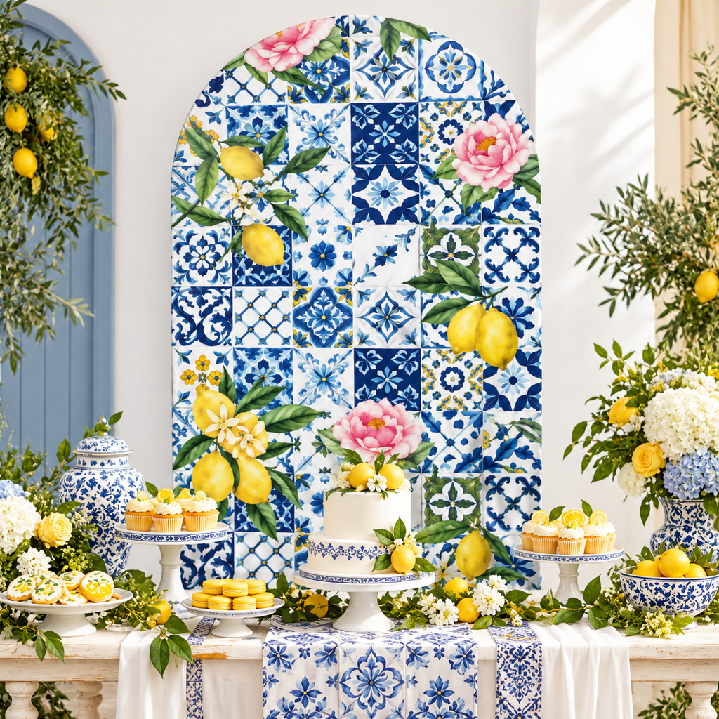 Mediterranean lemon arch backdrop cover - lemon dessert table party scene