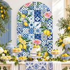 Mediterranean lemon arch backdrop cover - lemon dessert table party scene