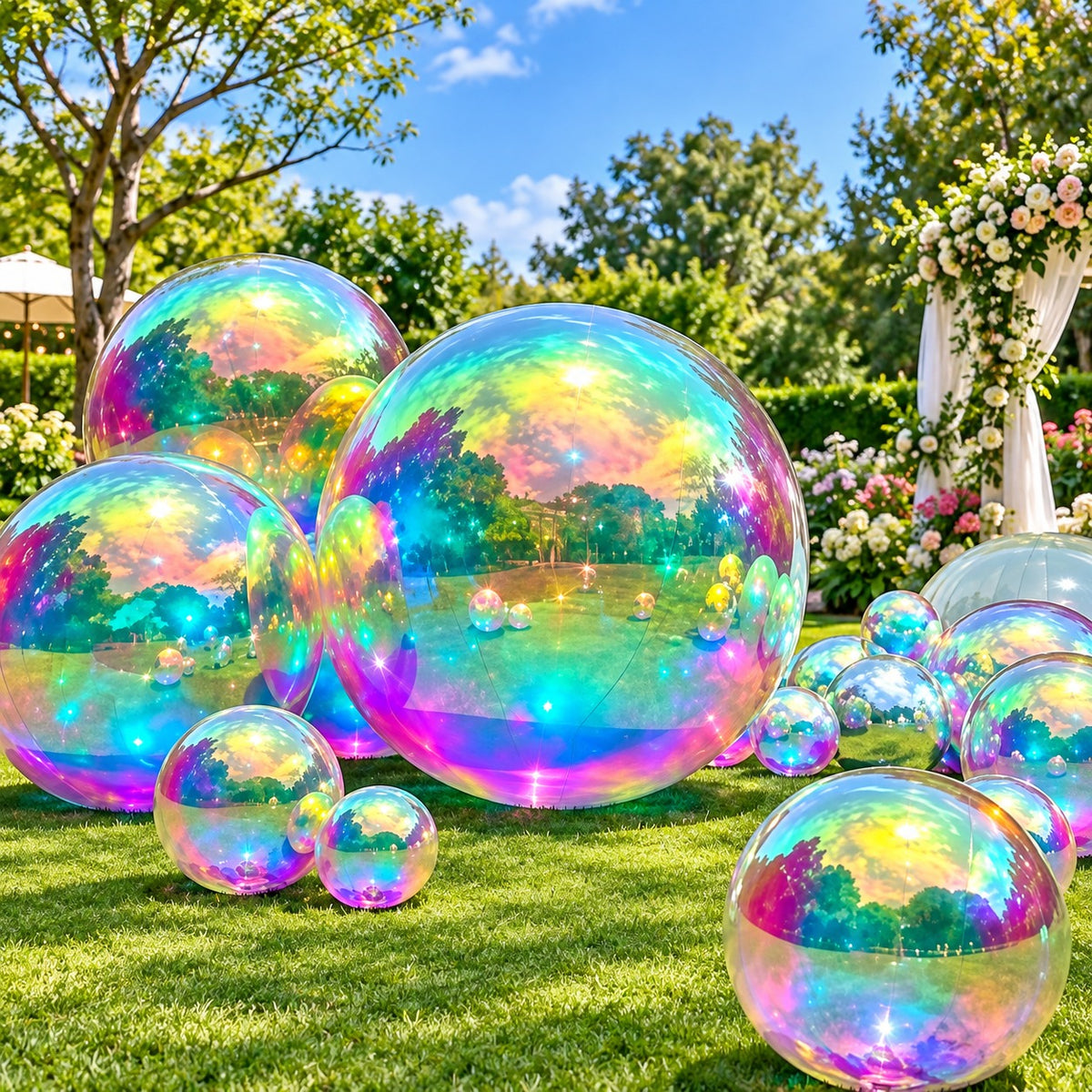 Giant Iridescent Inflatable Bubble Balls – 3-Piece / 5-Piece Rainbow Mirror Sphere Set for Wedding, Birthday & Party Decor
