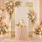 Gold metal rectangle backdrop stand - blush wedding scene