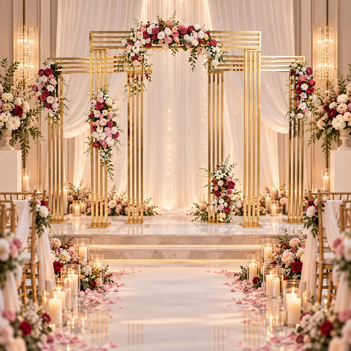 Gold metal rectangle backdrop stand - wedding ceremony scene