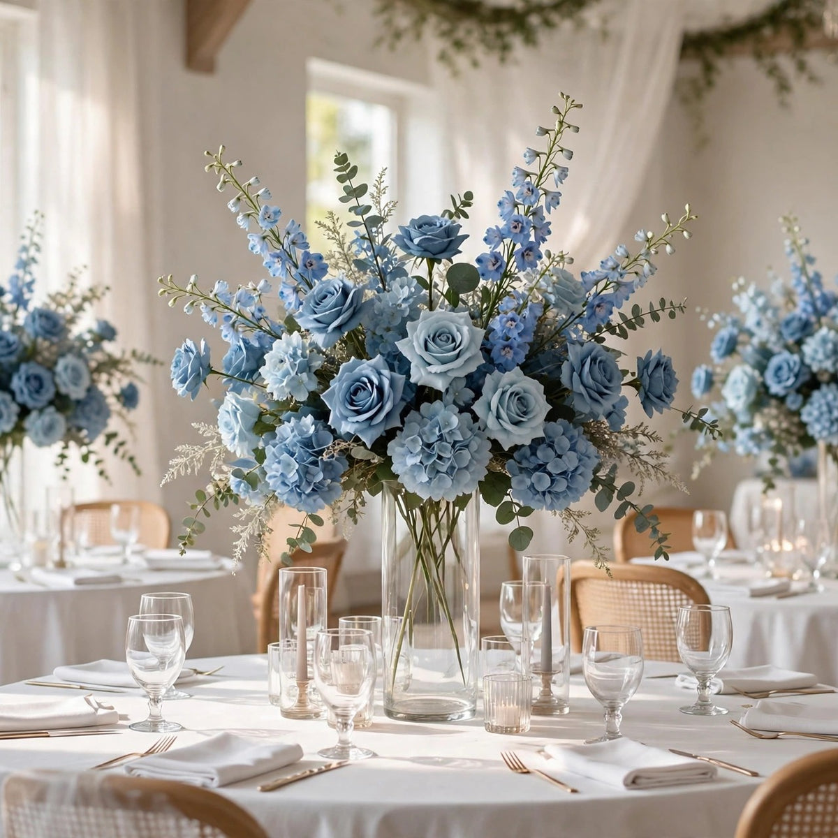 Blue Artificial Flowers – 14 Styles, Realistic Silk Flower Stems for Wedding & Party Decor