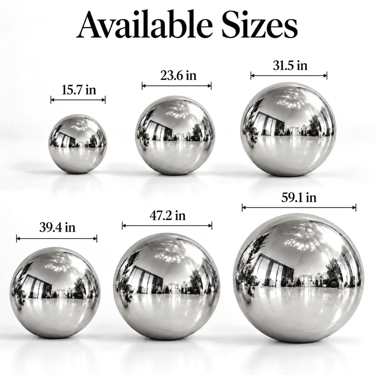 Silver Mirror Decorative Spheres – 15.7in to 59.1in Stainless Steel Reflective Balls for Wedding, Party & Event Decor